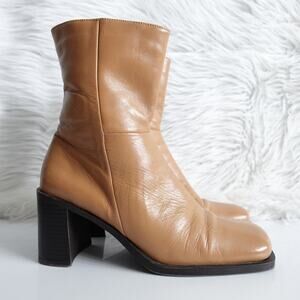Naturalizer Vintage 90s Y2K Tan Leather Square Toe Block Heel Mid Calf Boot 7.5